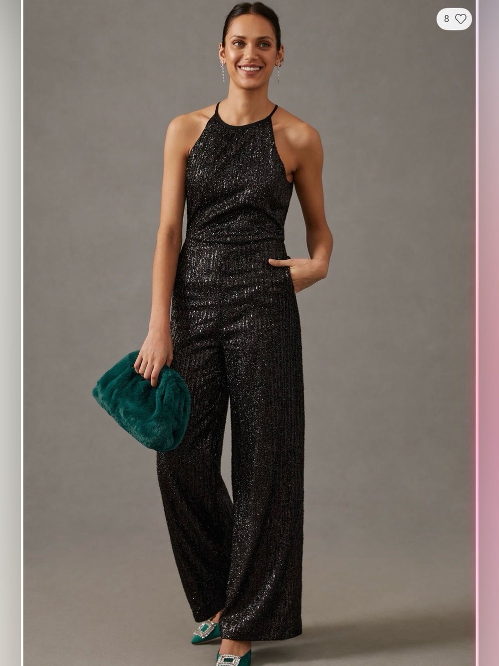 MAEVE by Anthropologie Black Sequin Halter Wide-Leg Jumpsuit, NWT.